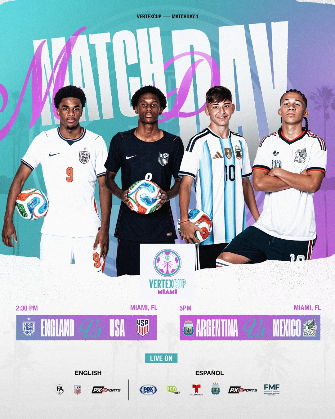 Vertex Cup Miami Matchday 1 graphic featuring players from England, USA, Argentina and Mexico